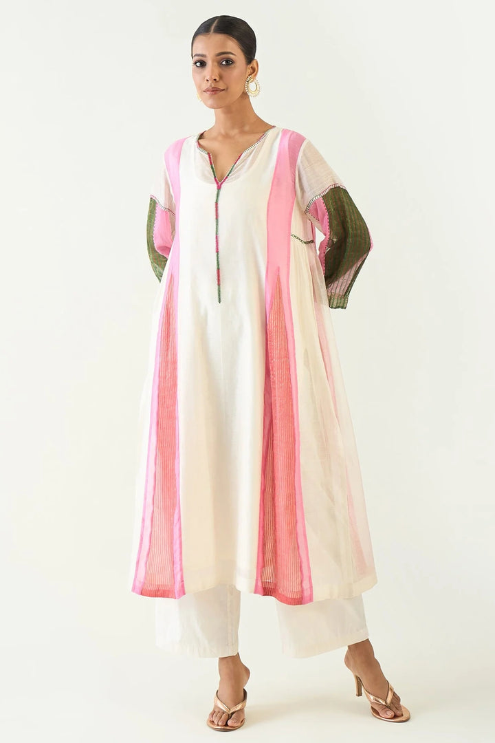 Isha: Cotton Silk Kali Kurta set- Ivory and Pink