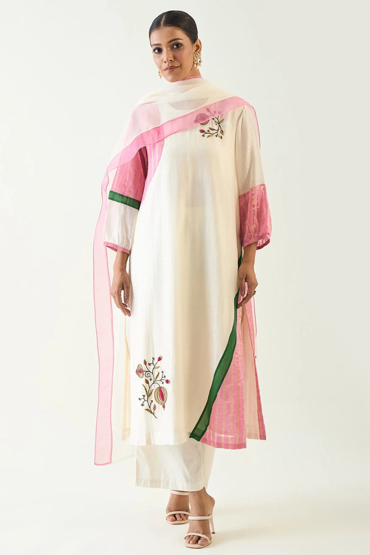 Mohini: Straight Kurta set - Ivory and Pink