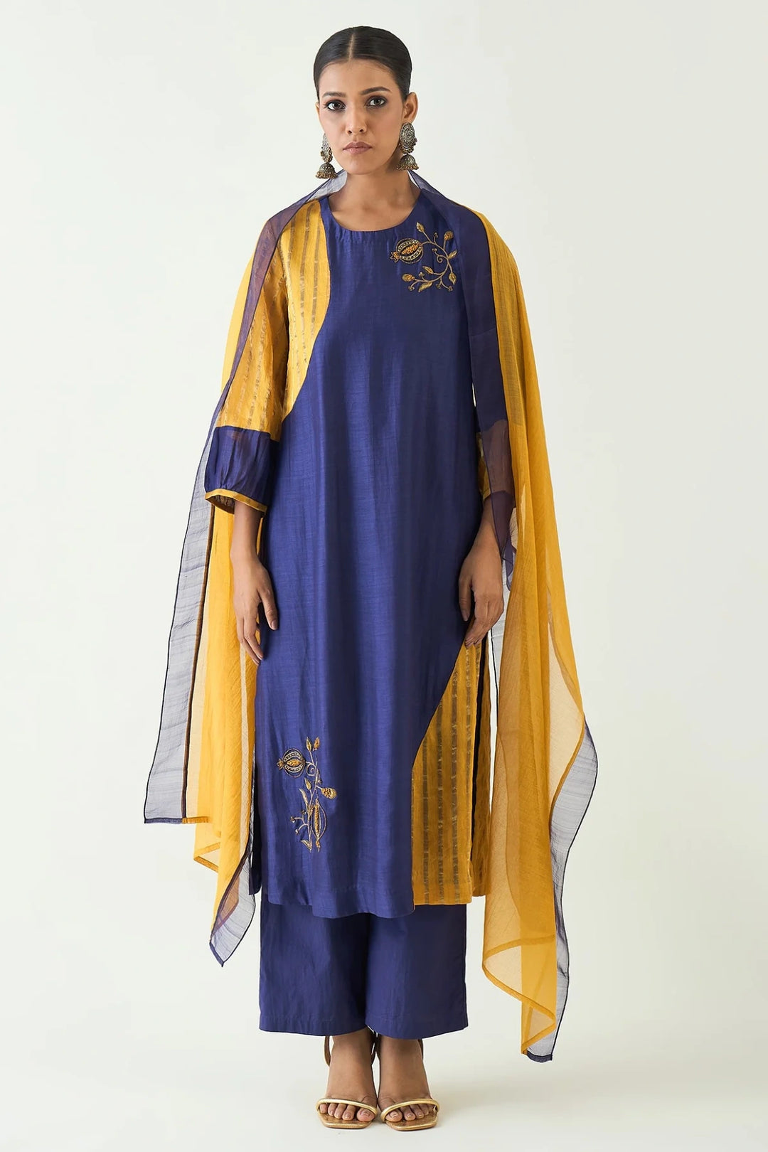 Mohini: Straight Cotton Silk Kurta set - Purple and Mustard