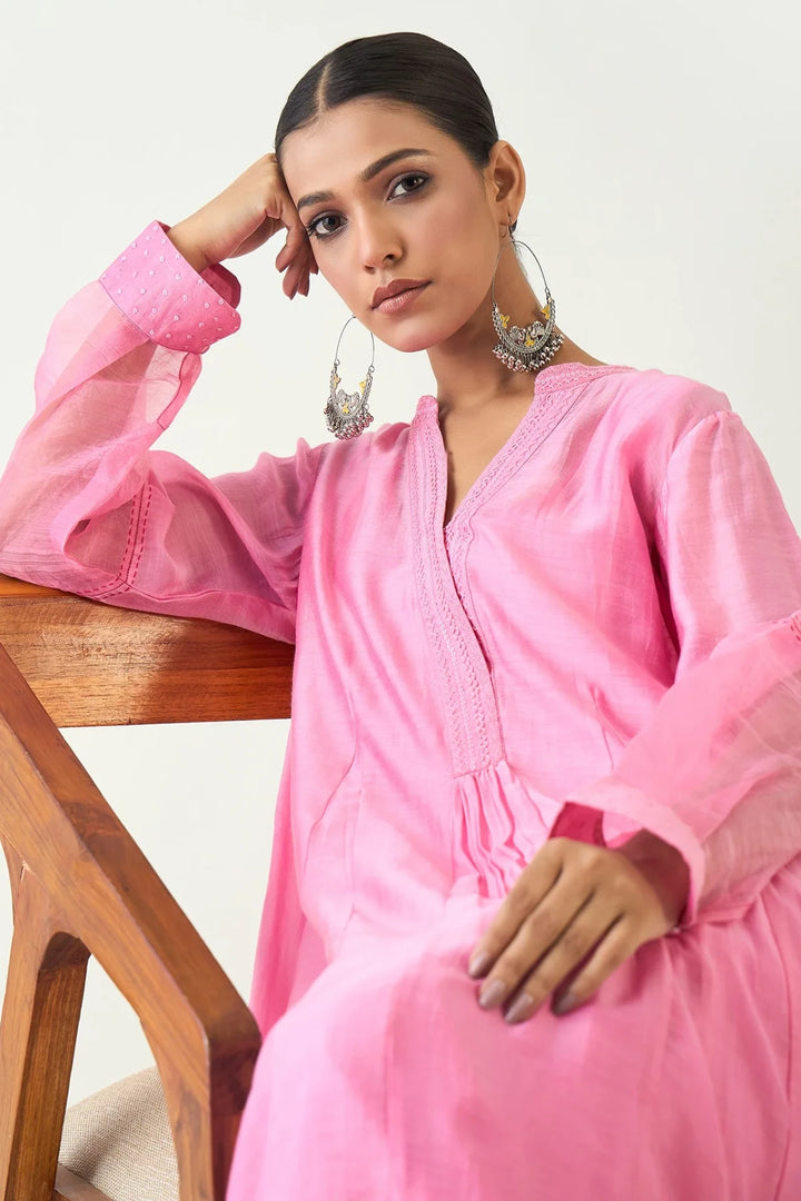 Urvi:  Embroidered Side Gather Kurta set - Candy Pink