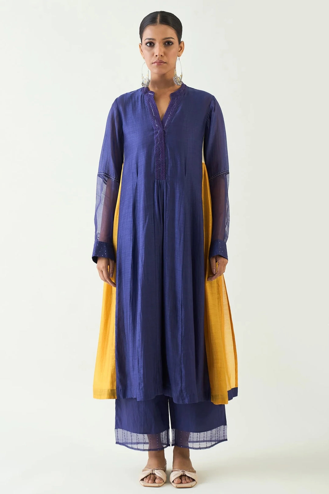 Urvi:  Embroidered Side Gather Kurta set - Purple and Mustard