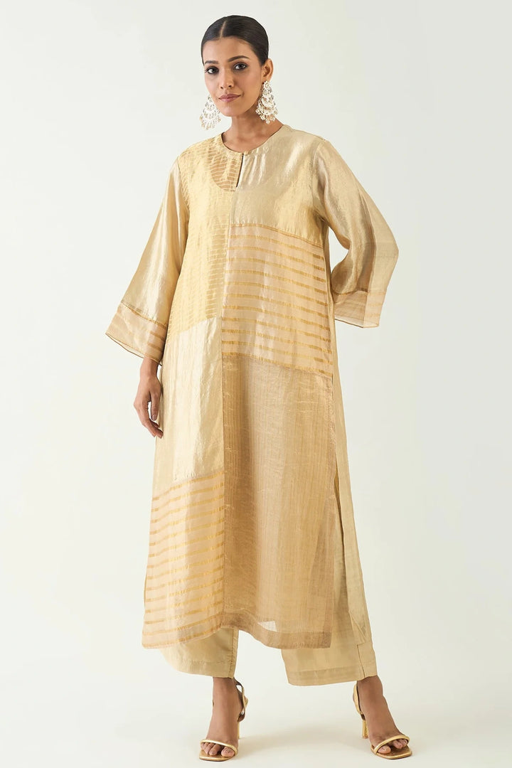 Kaya: Zari Stripe and SIlk Patch Kurta Set - Beige and Gold