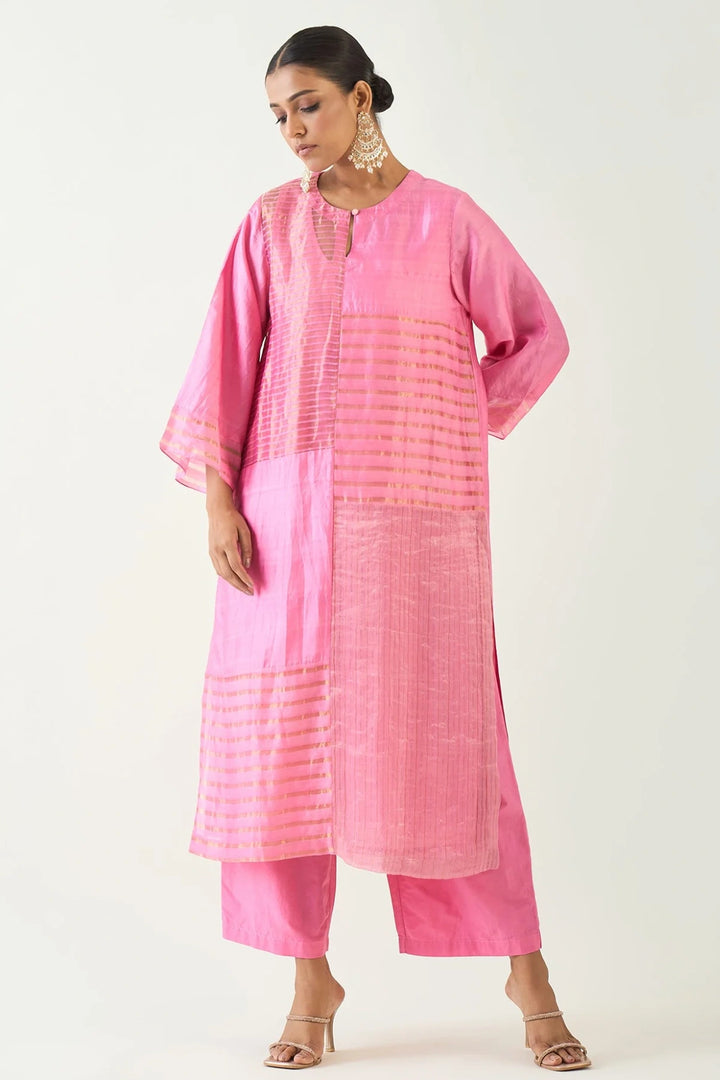 Kaya: Zari Stripe and Silk Patch Kurta set - Candy Pink and Gold