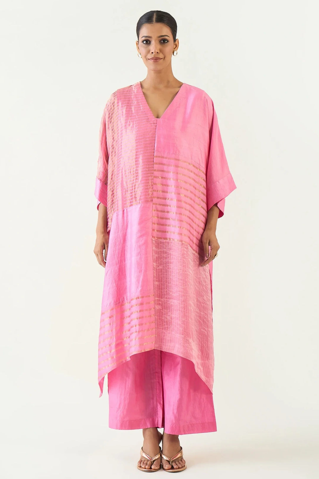 Kaya: Zari Stripe and Silk Kaftan Set - Candy Pink