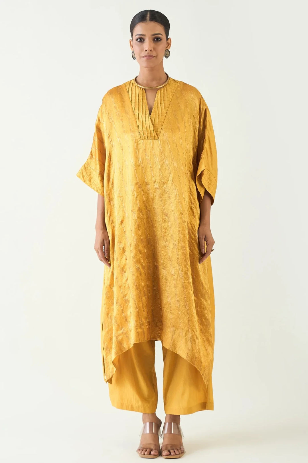 Damani: Silk with Gold weave Kimono Kaftan set - Mustard