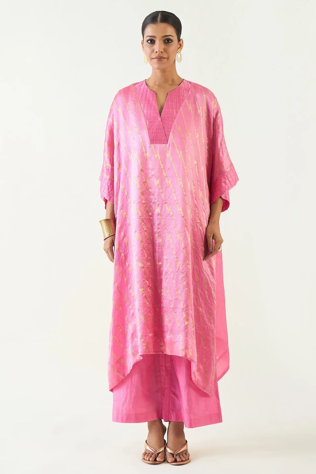 Damani: Silk with Gold weave Kimono Kaftan set - Candy Pink