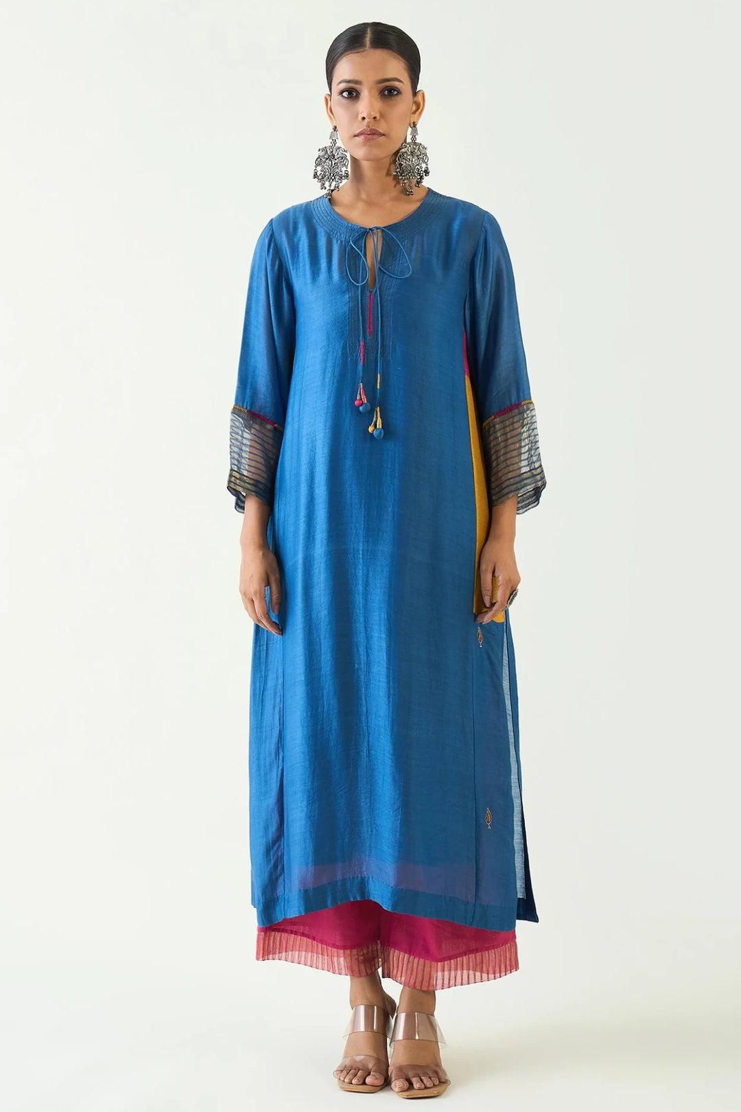 Leela: Cotton silk Cypress Choga set - Blue and Pink