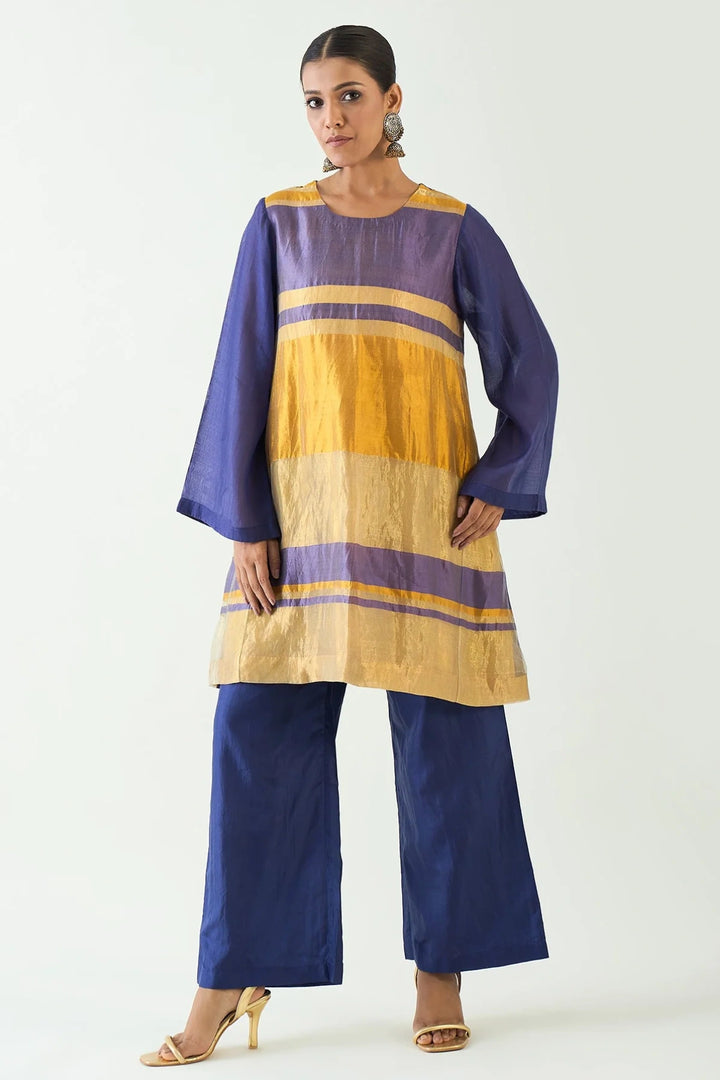 Mira: Silk stripe tissue Tunic set- Purple/Mustard