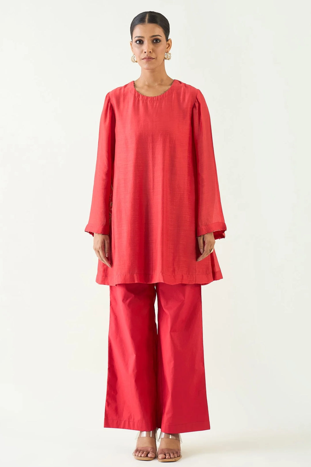 Siya: Cotton Silk Embroidered Pocket Tunic set - Red