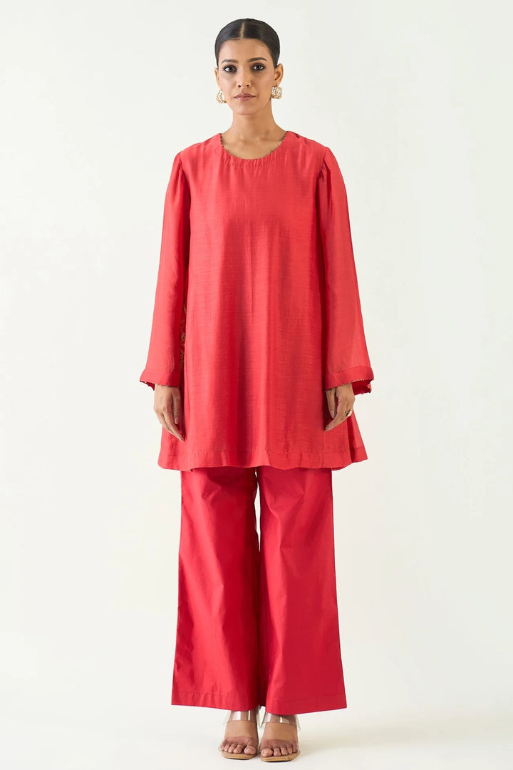 Siya: Cotton Silk Embroidered Pocket Tunic set - Red