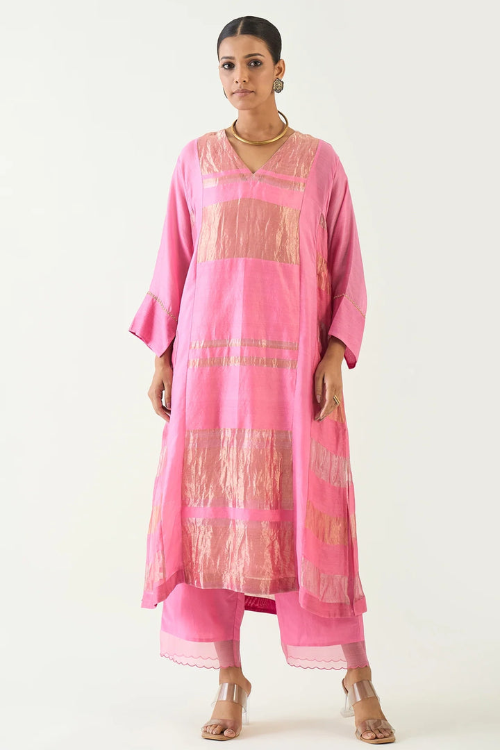 Mira: Silk stripe tissue Choga set- Candy Pink