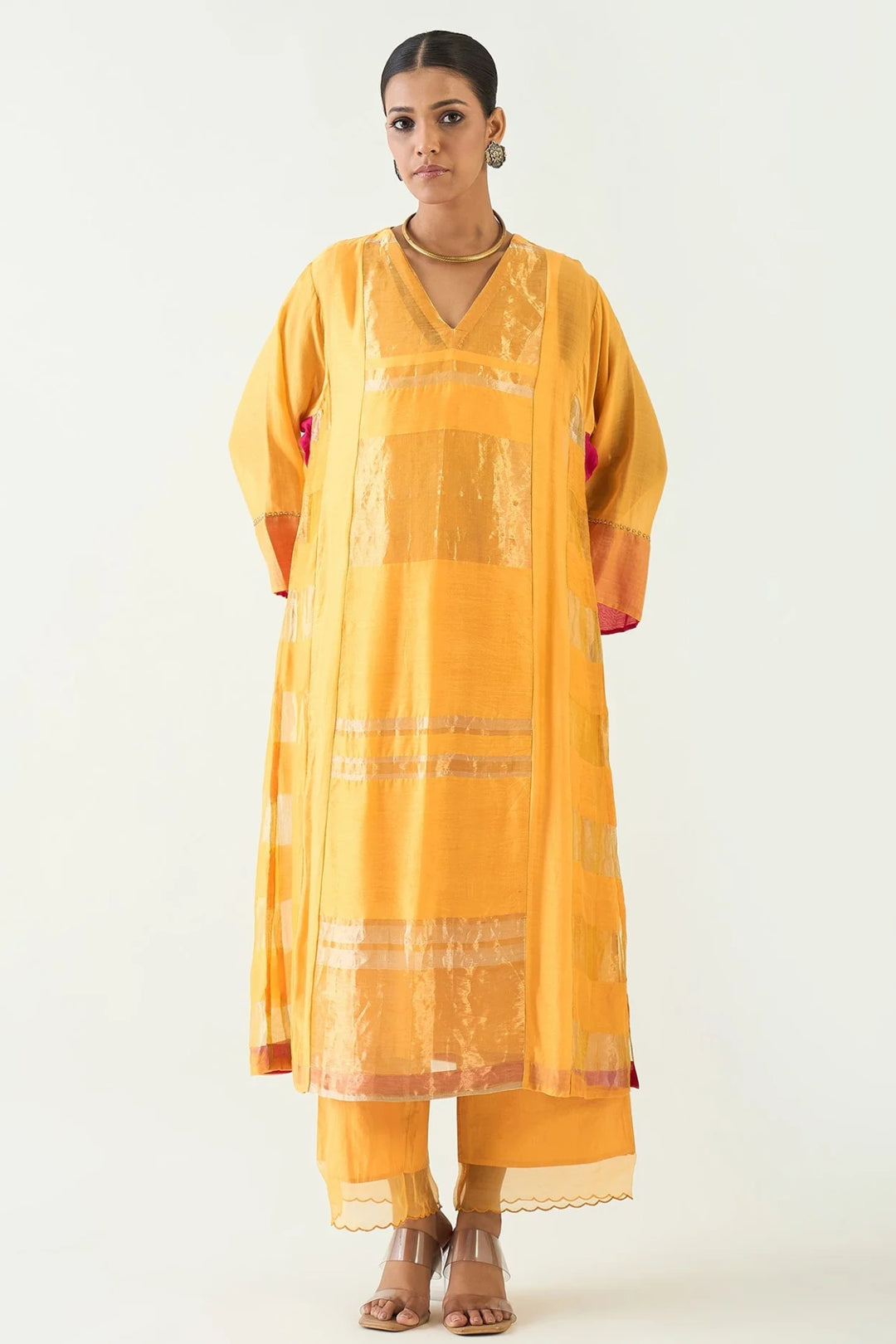 Mira: Silk stripe tissue Choga set- Mango