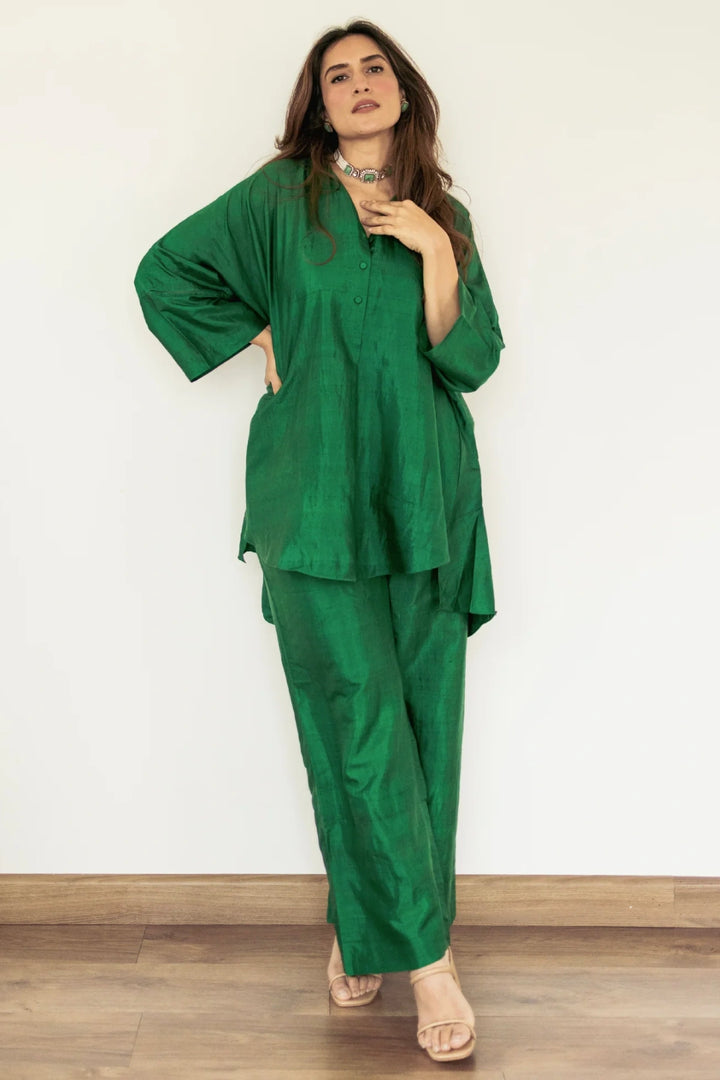 Ira: Silk Kimono Tunic set - Emerald Green