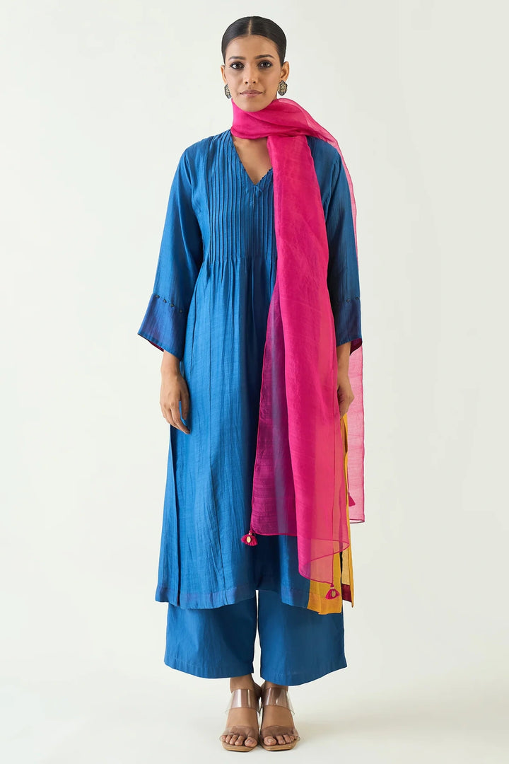 Kriya: Cotton Silk Color block choga set - Blue Mustard Pink
