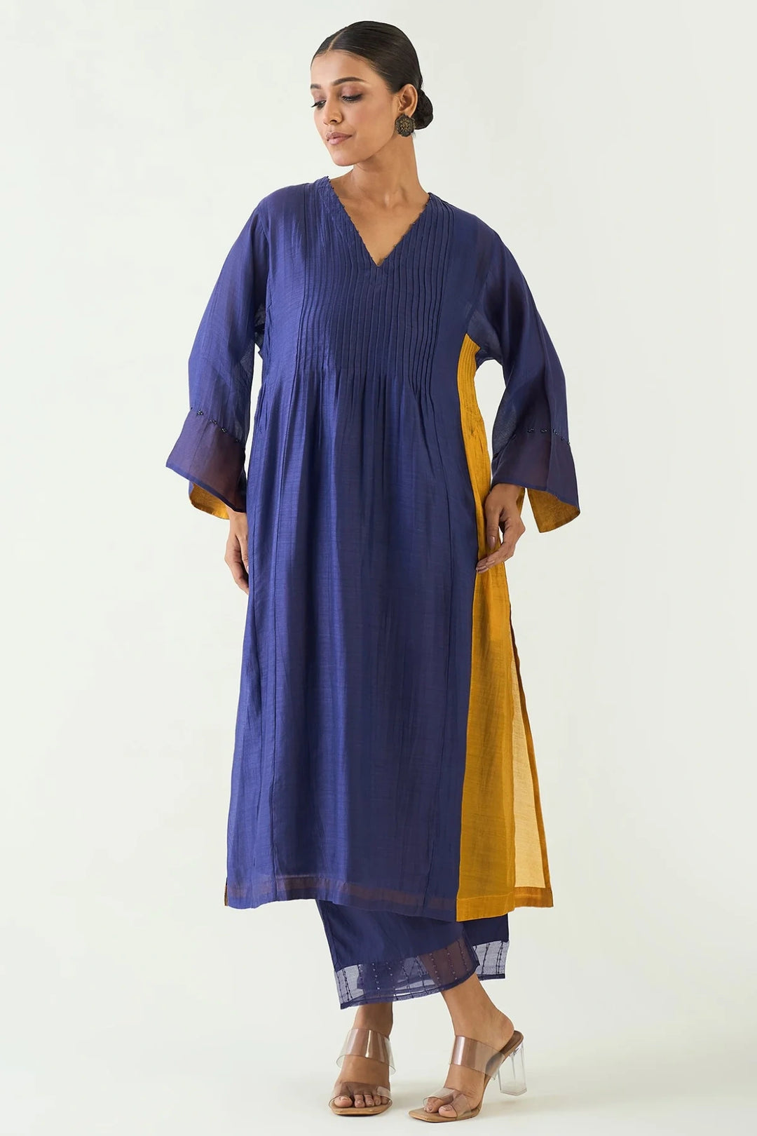 Kriya: Cotton Silk color block choga set - Purple and Mustard