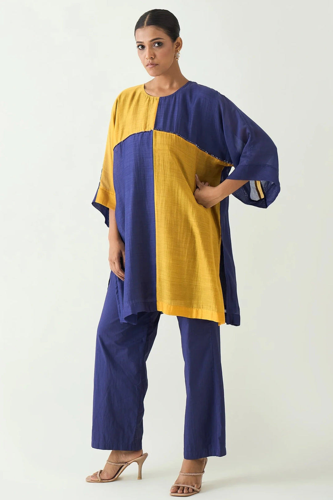 Jeeva: Cotton Silk colour block check sequin tunic set- Purple/Mustard