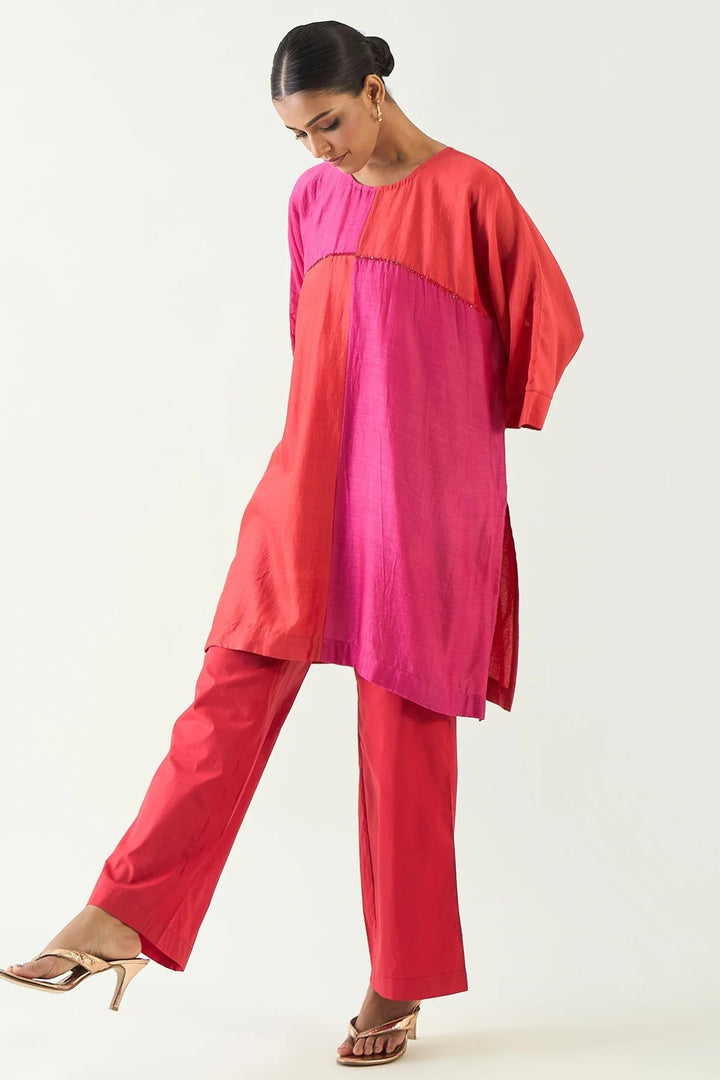 Jeeva: Cotton Silk colour block check sequin tunic set- Red and Pink