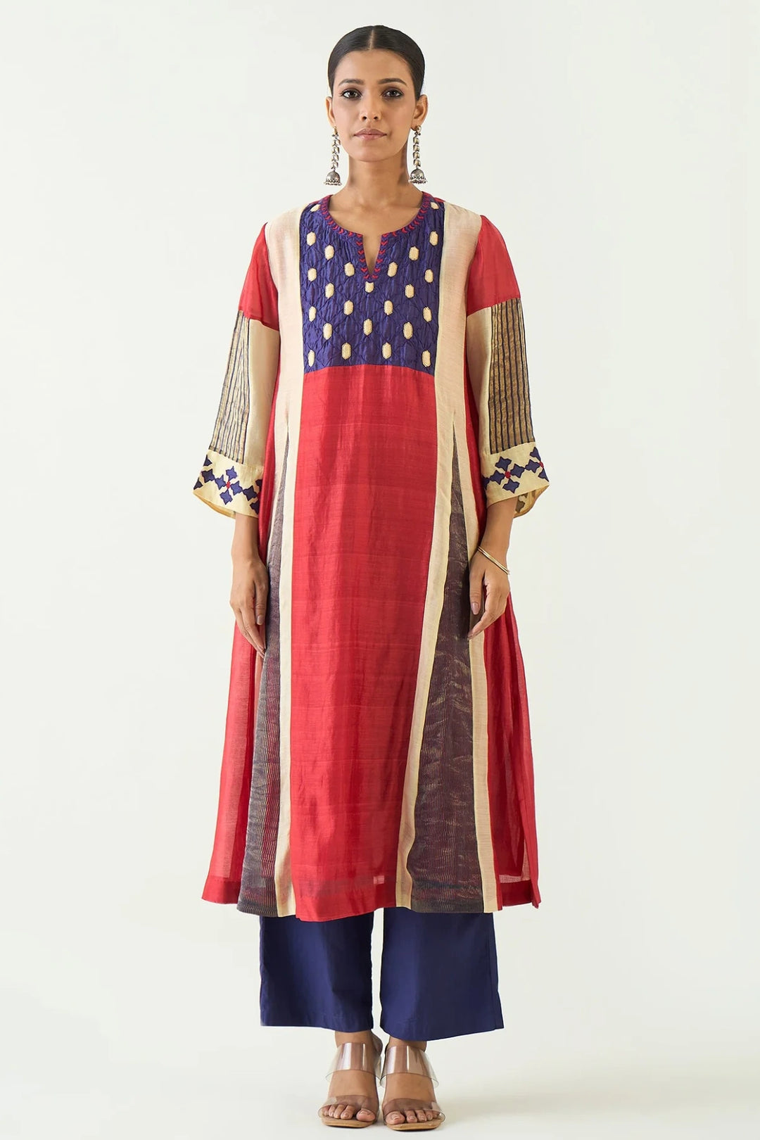 Roop: Cotton Silk Kali Kurta set - Red and Purple