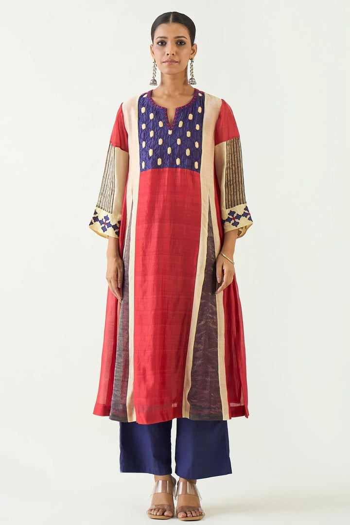 Roop: Cotton Silk Kali Kurta set - Red and Purple