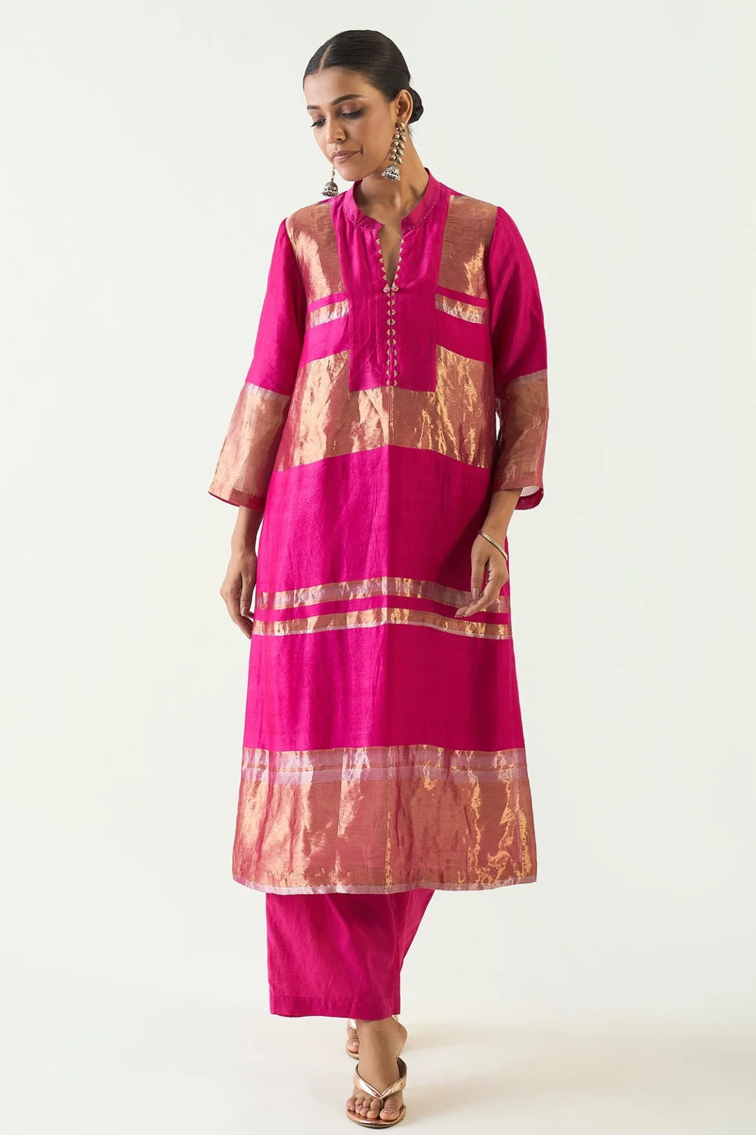 Mira: Silk stripe tissue straight kurta set - Hot Pink