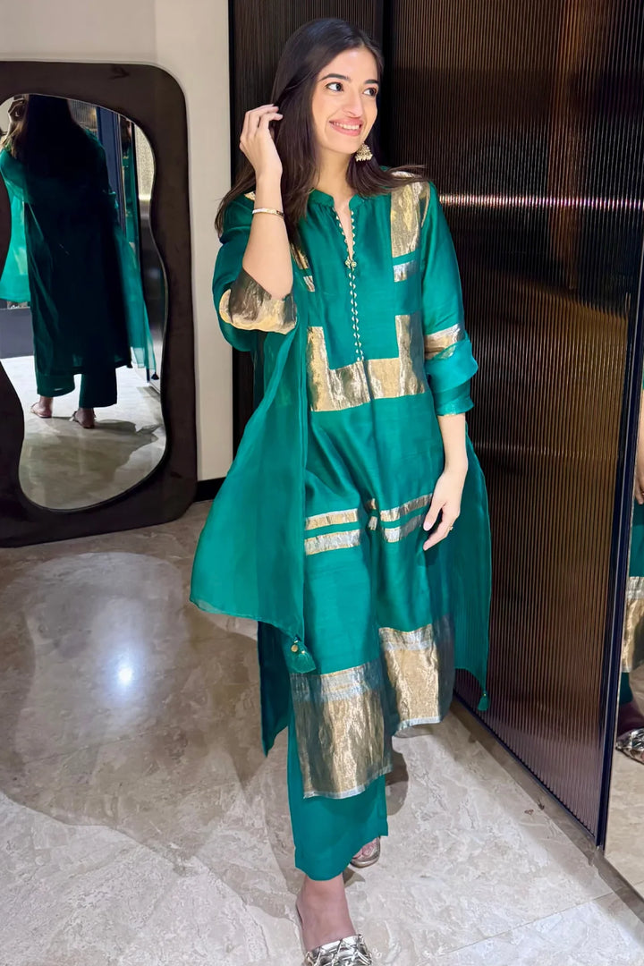 Mira: Silk stripe tissue straight kurta set - Green