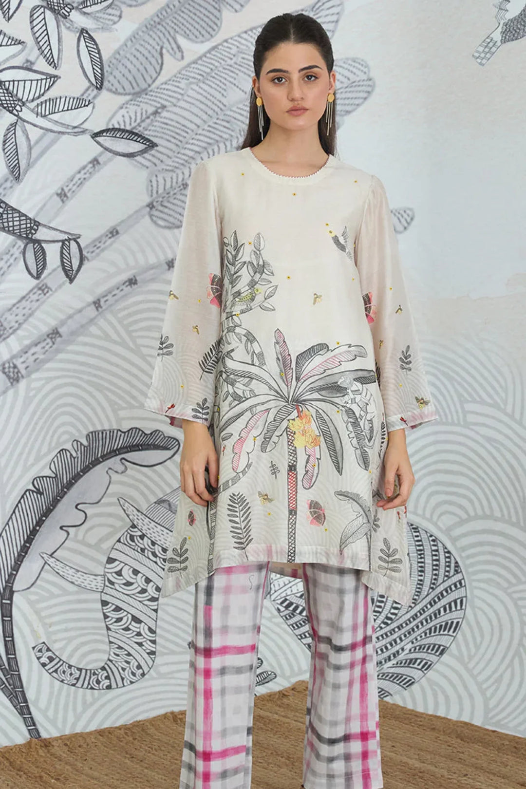 Grey Monkey Jungle High Low Tunic With Check Pants