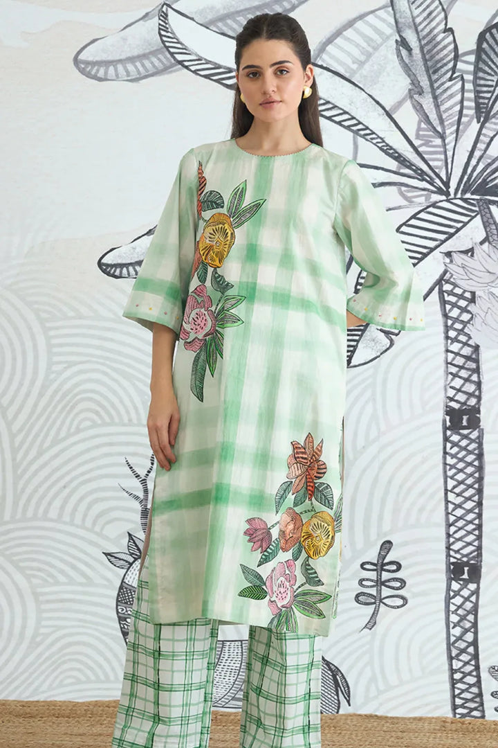 Green Check Flower Placement Kurta With Green Check Pants