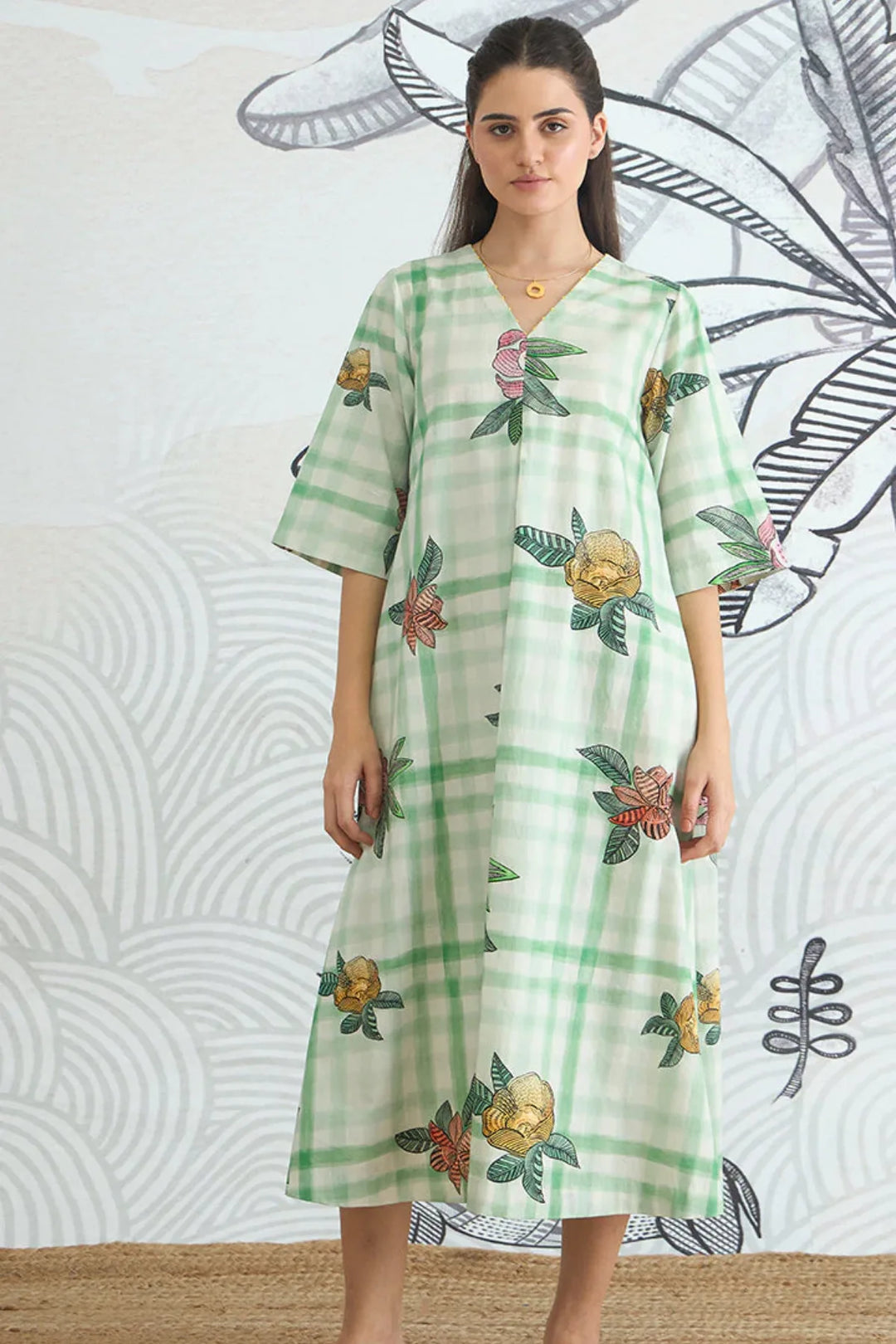 Green Check V-neck Long Dress With Sleeves