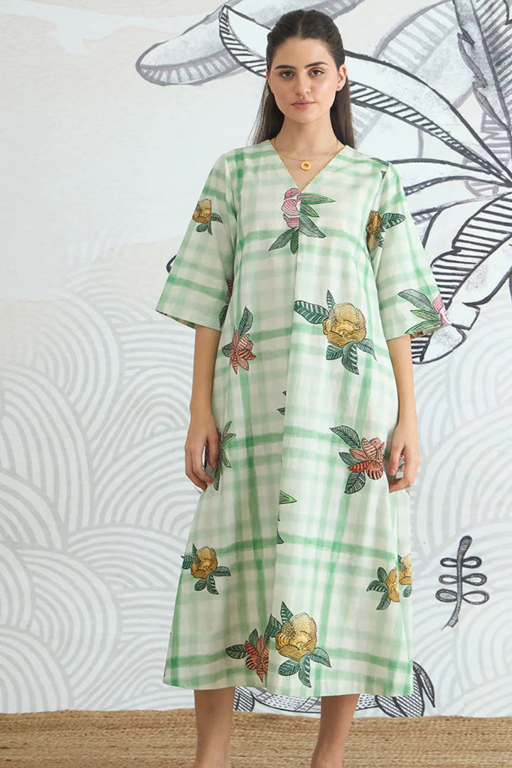 Green Check V-neck Long Dress With Sleeves