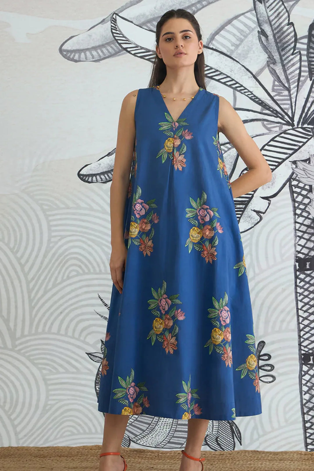 Blue Flower V-neck Long Dress