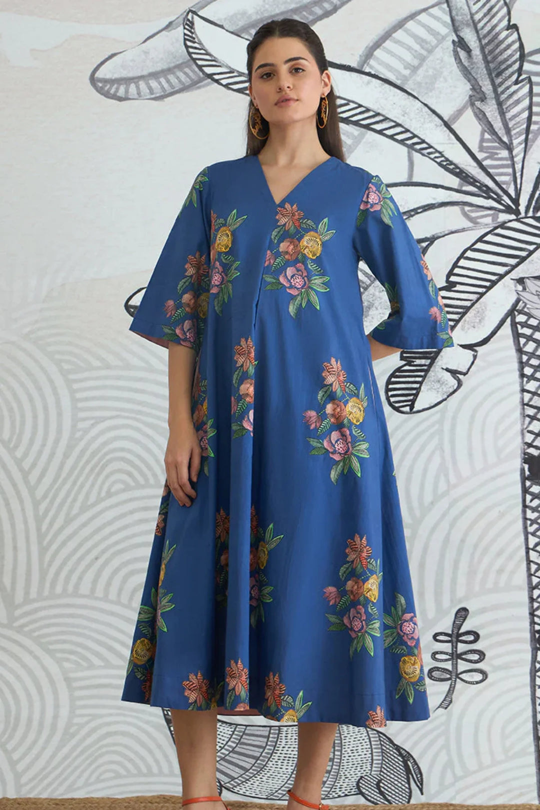 Blue Flower V-neck Long Dress With Sleeves