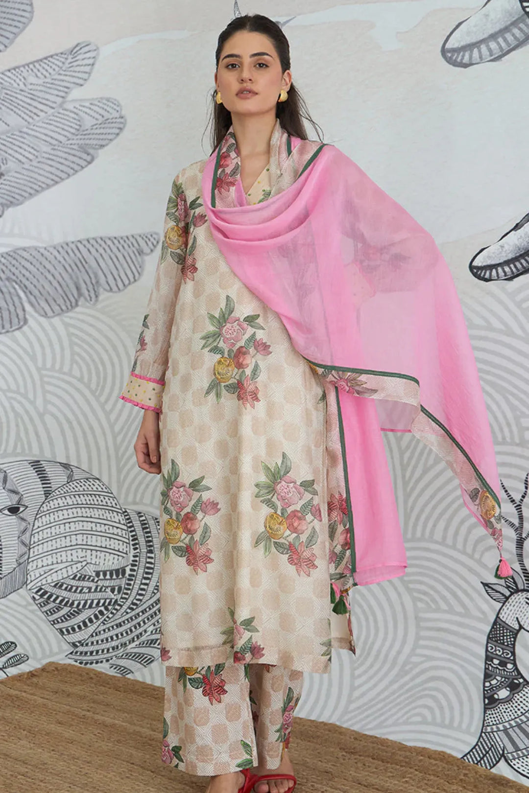 Beige Check Flower V-neck Kurta Set