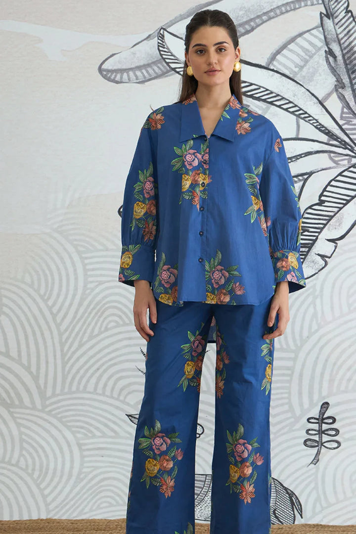 Blue Flower Big Collar Shirt With Blue Flower Pants