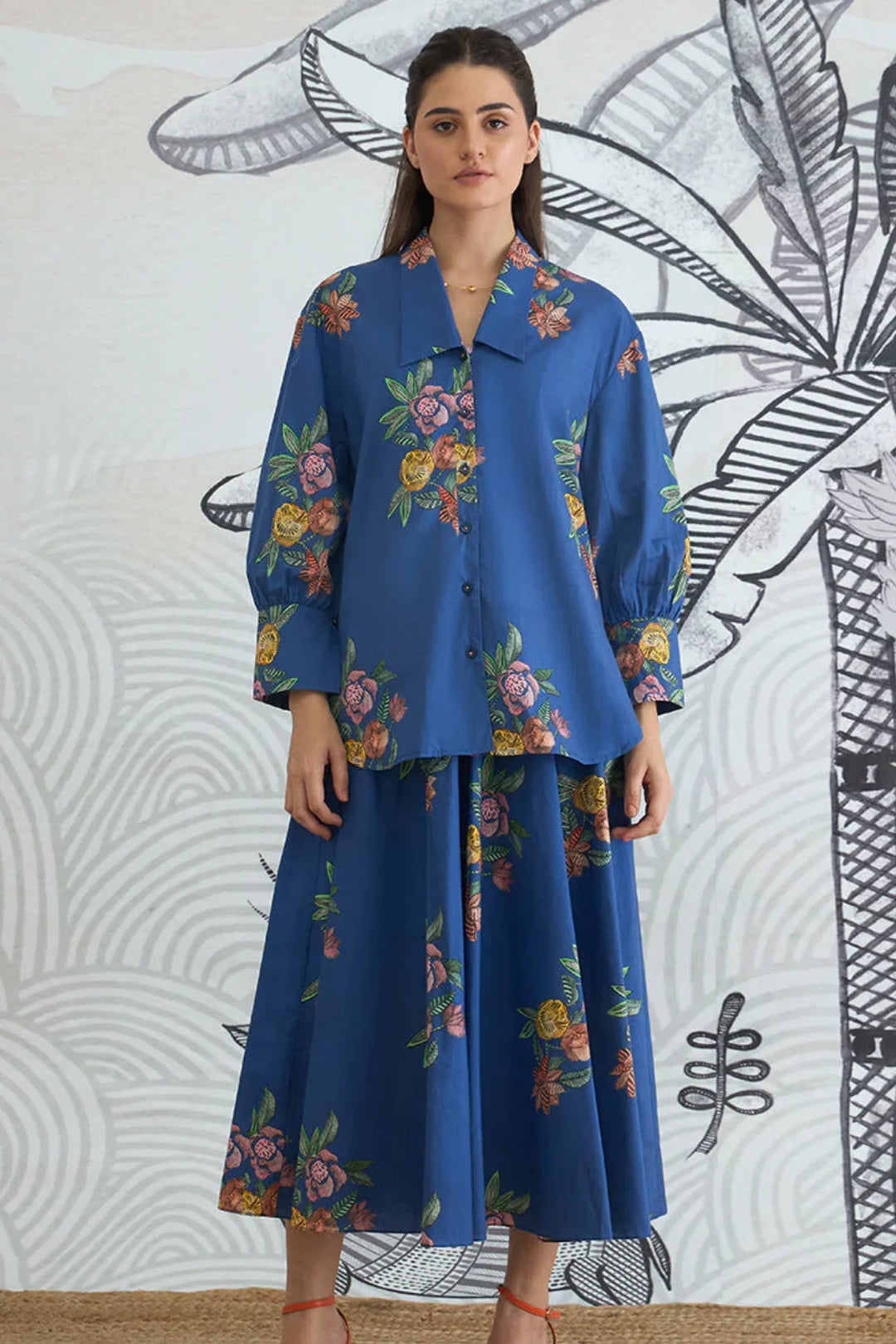 Blue Flower Big Collar Shirt With Blue Flower Skirt