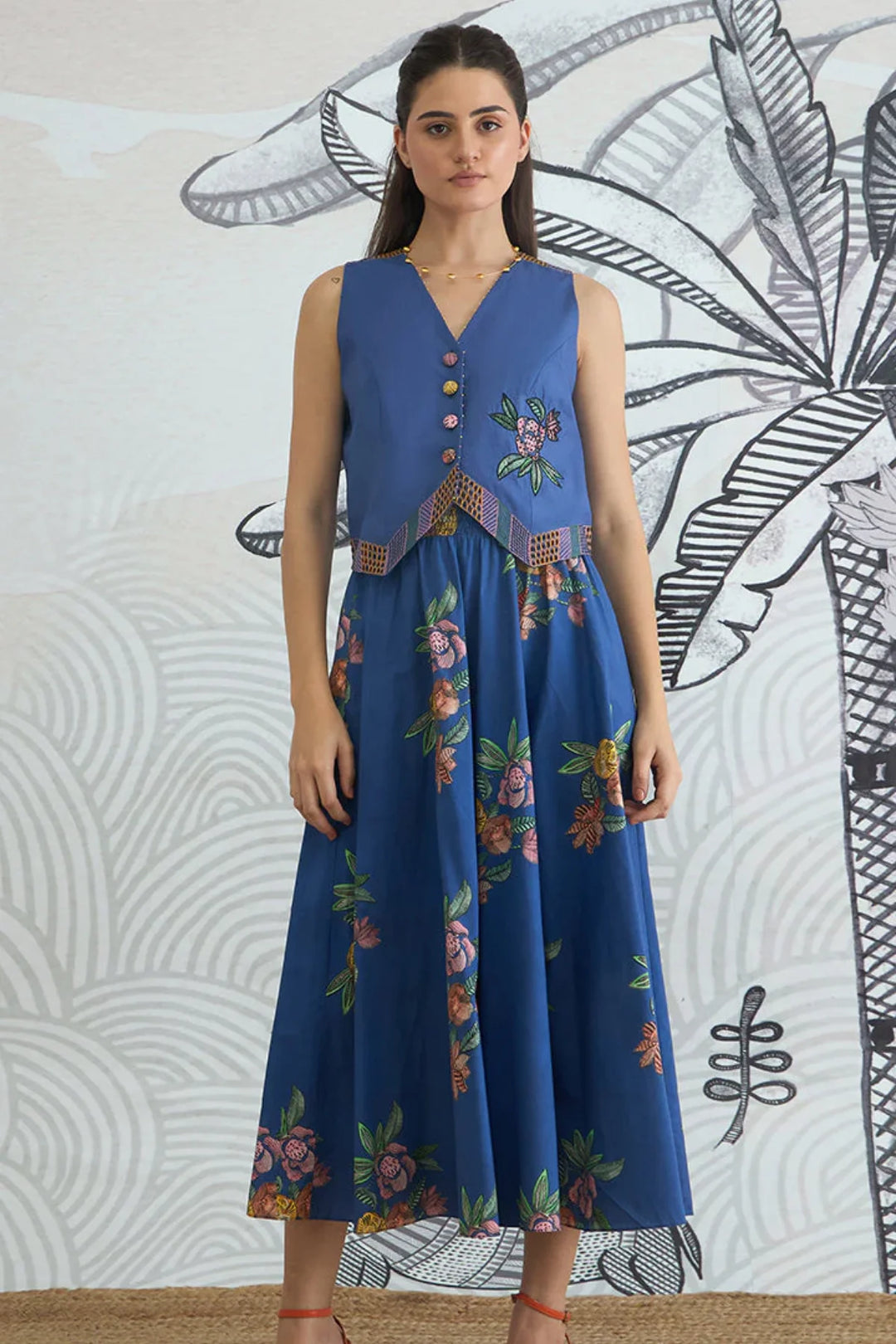 Blue Emb Waistcoat Top and Blue Flower Skirt