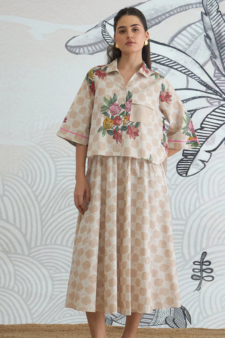 Beige Check Flower Crop Shirt With Beige Check Skirt