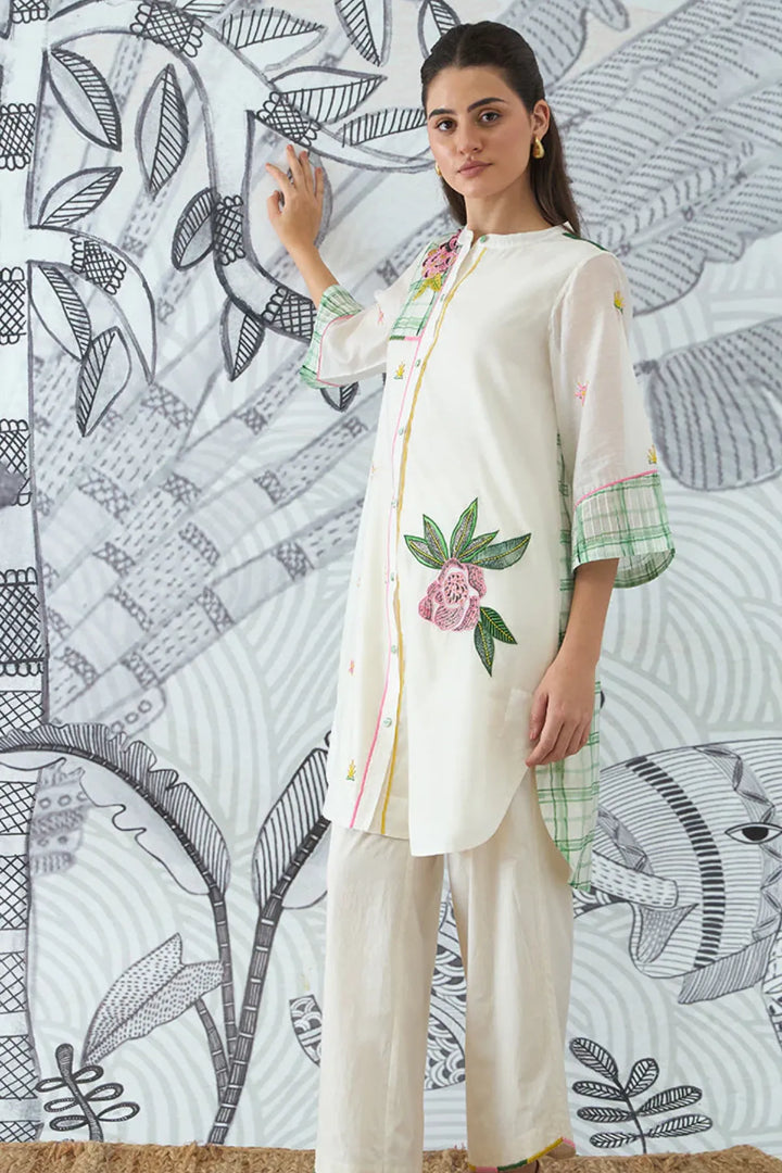 Green Check Embroidery Short Tunic and Pants