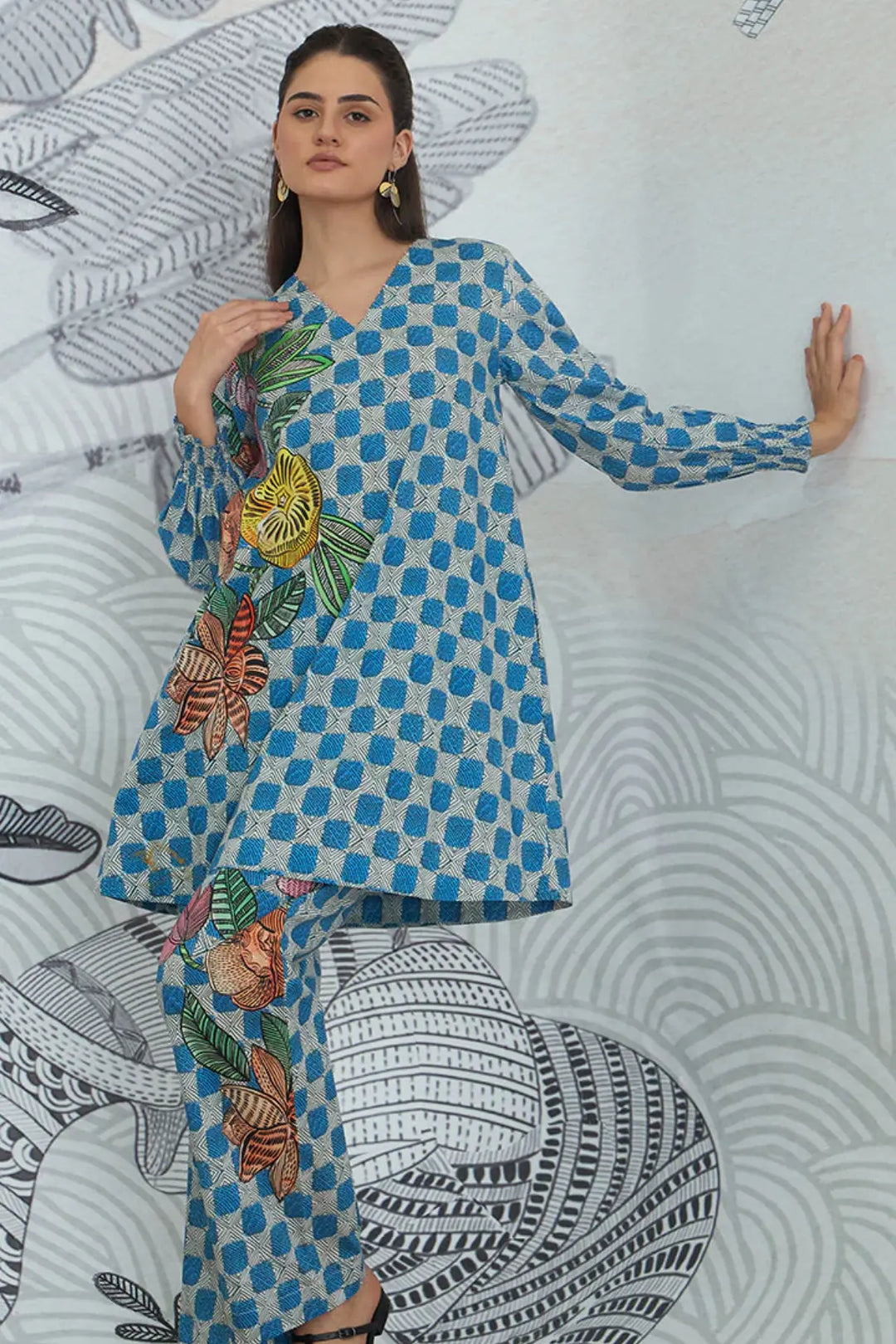 Blue Check Flower Co-ord Set