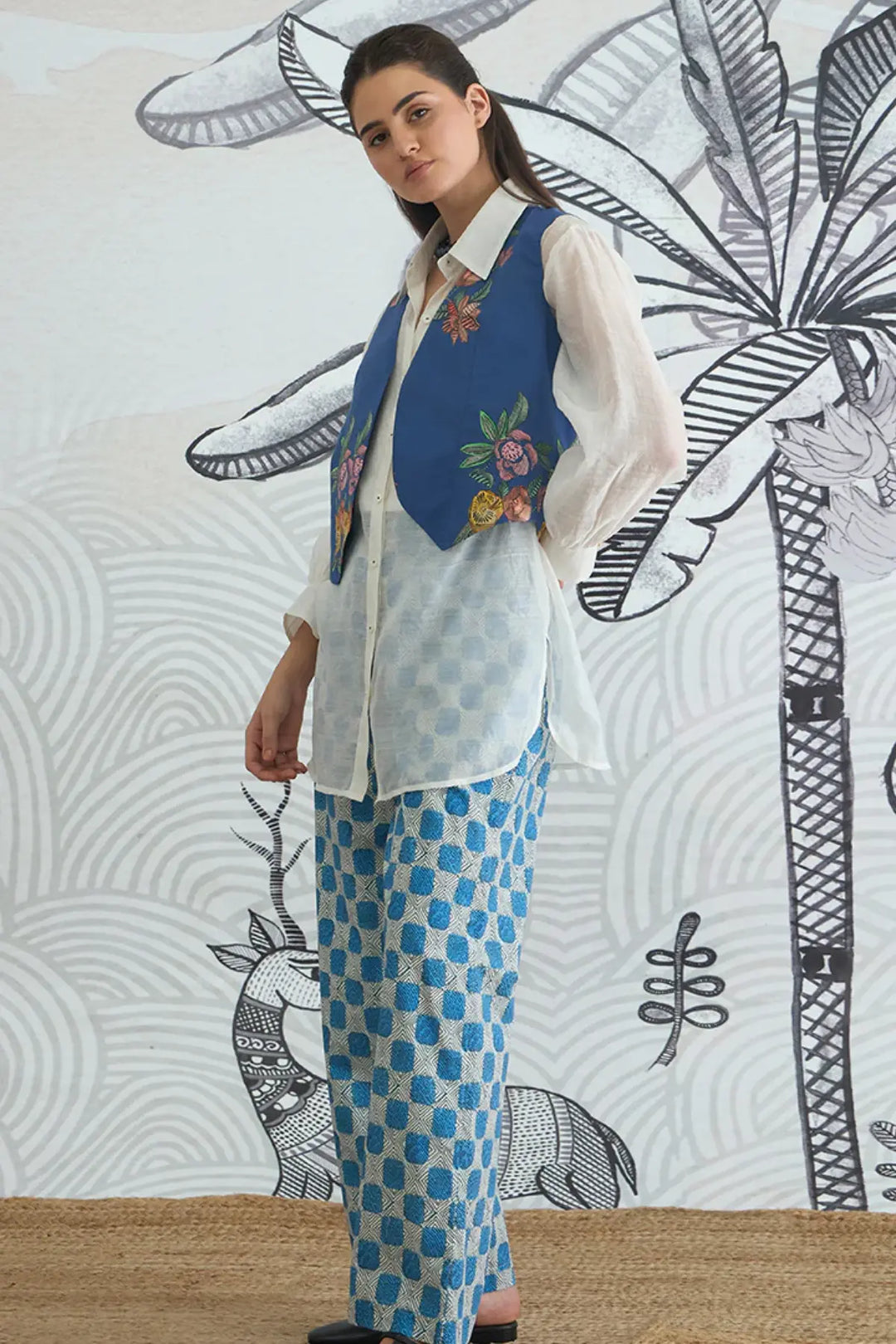 Blue Flower Waistcoat Jacket With White Shirt and Blue Check Pants