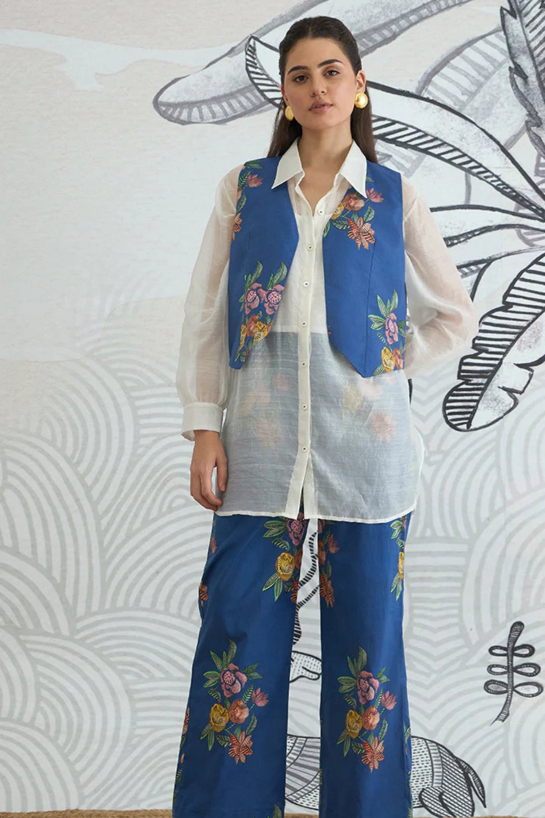 Blue Flower Waistcoat Jacket With White Shirt and Blue Flower Pants