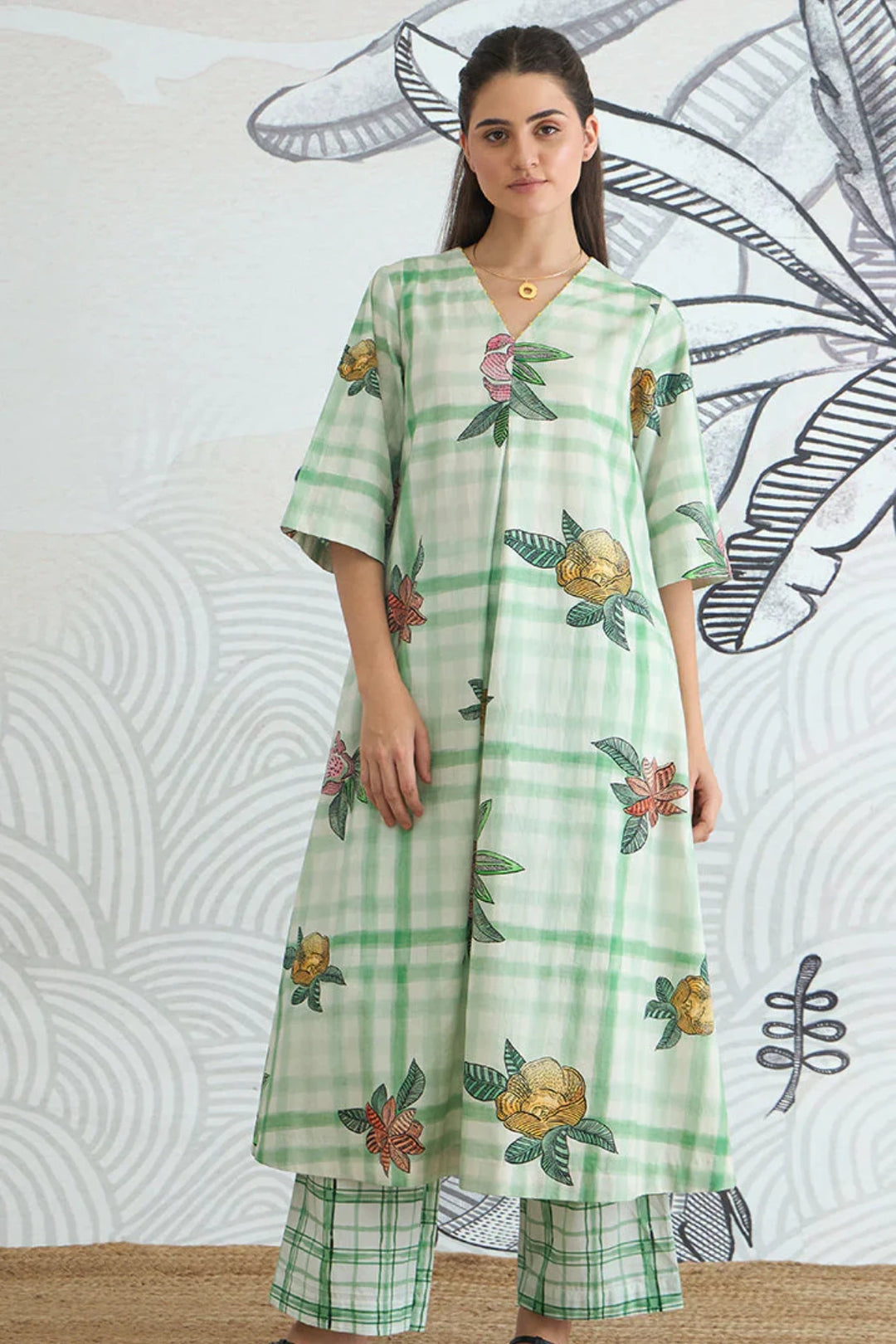 Green Check Flower All Over a-line Kurta and Pants