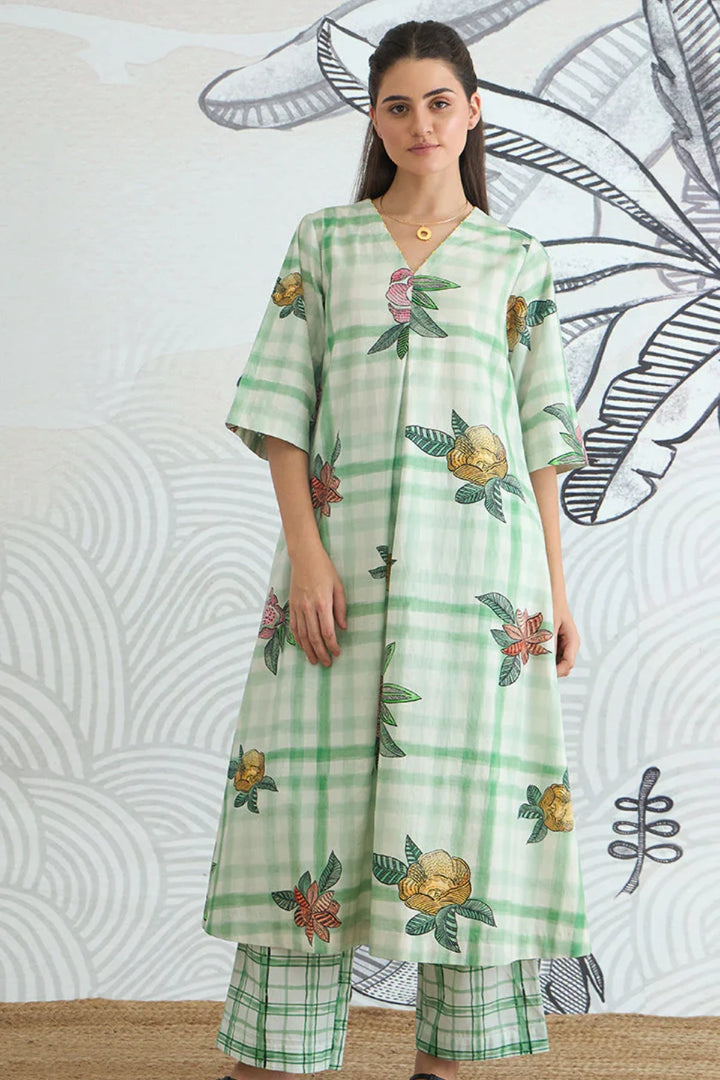 Green Check Flower All Over a-line Kurta and Pants