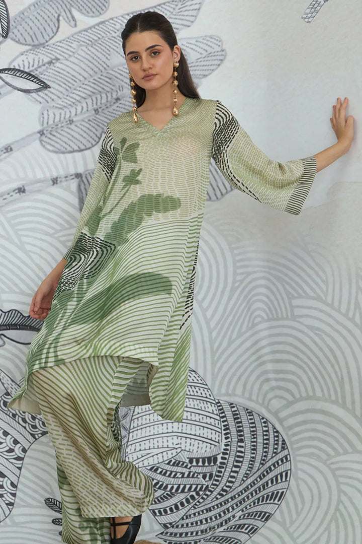 Green Texture High Low Tunic With Pants