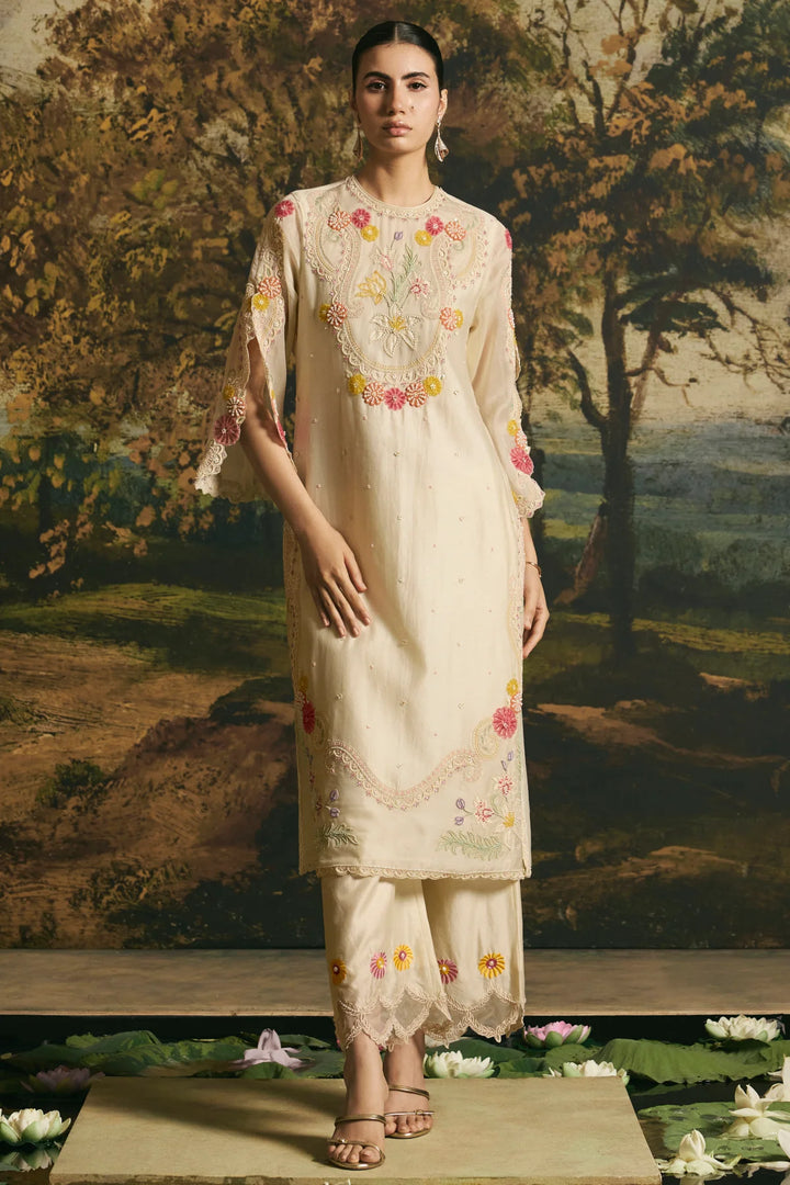 Ivory Beadwork Panelled Kurta With Pants