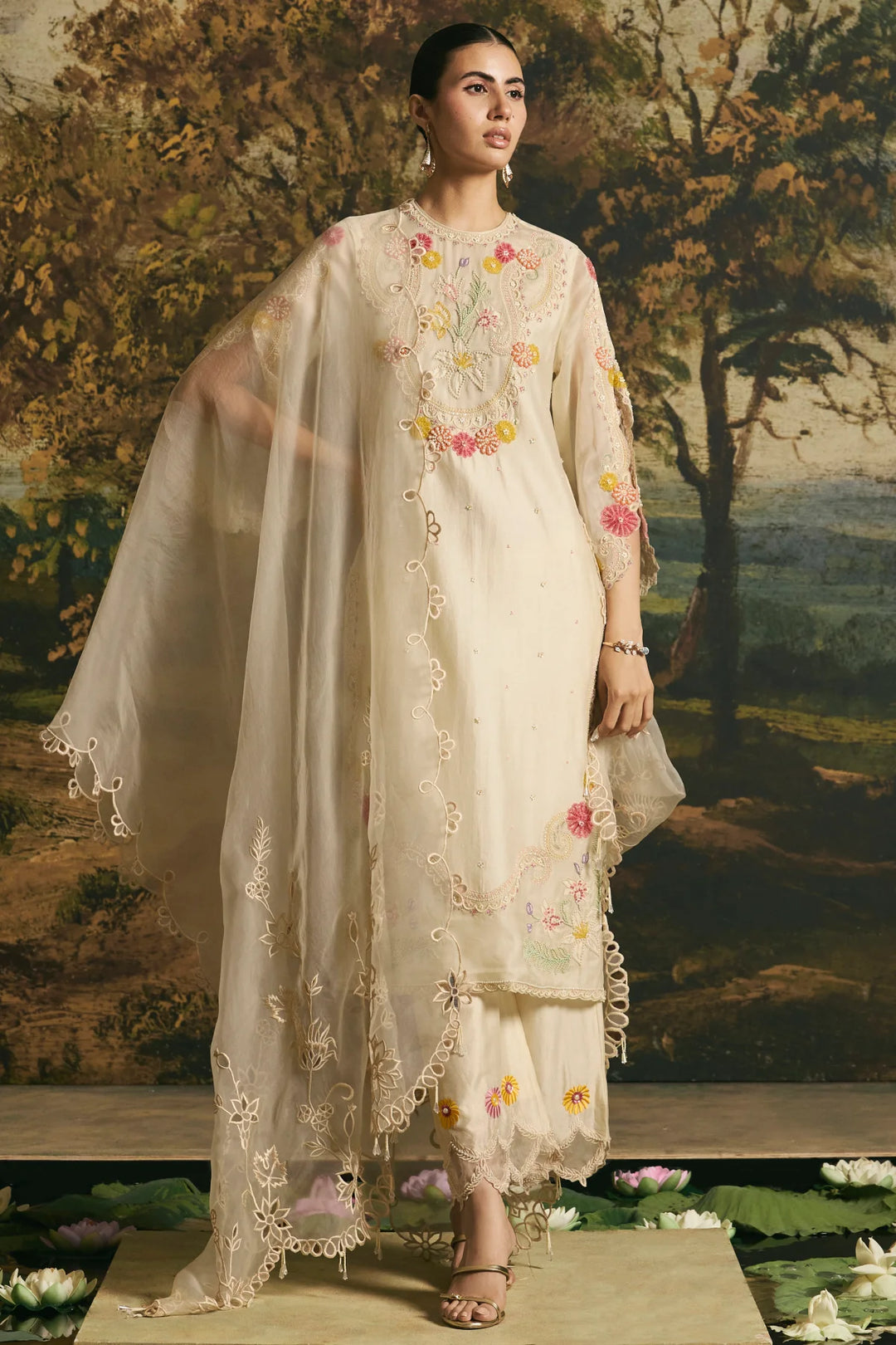 Ivory Beadwork Panelled Kurta With Pants
