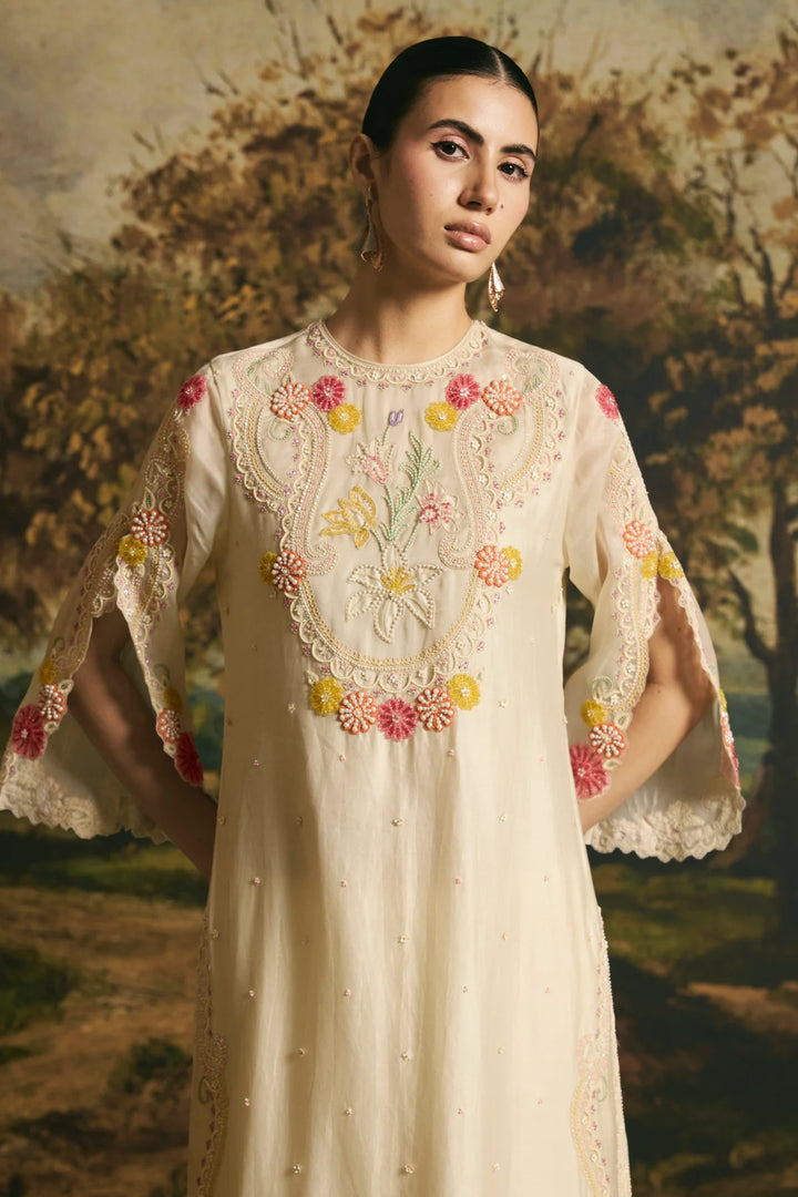 Ivory Beadwork Panelled Kurta With Pants