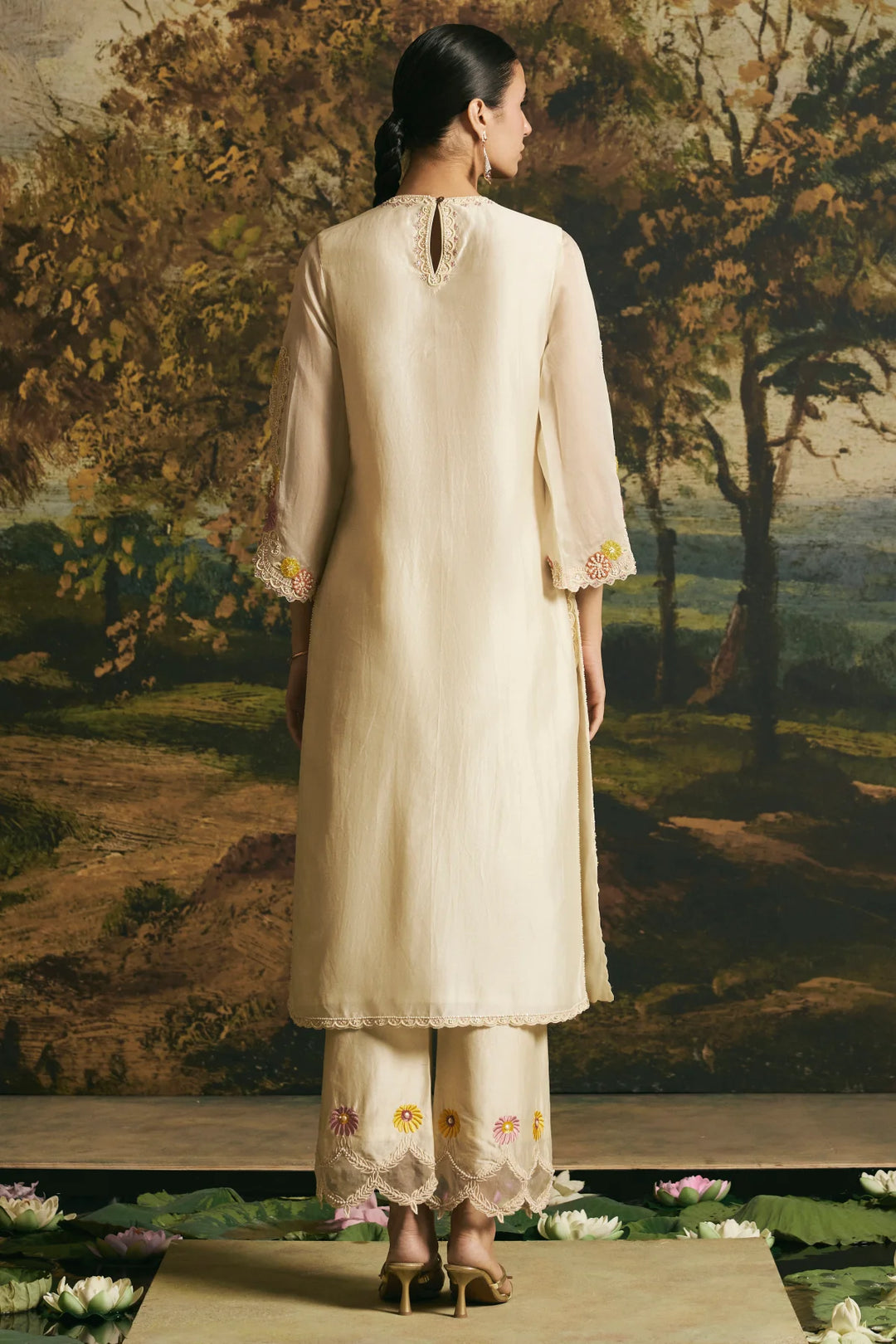 Ivory Beadwork Panelled Kurta With Pants