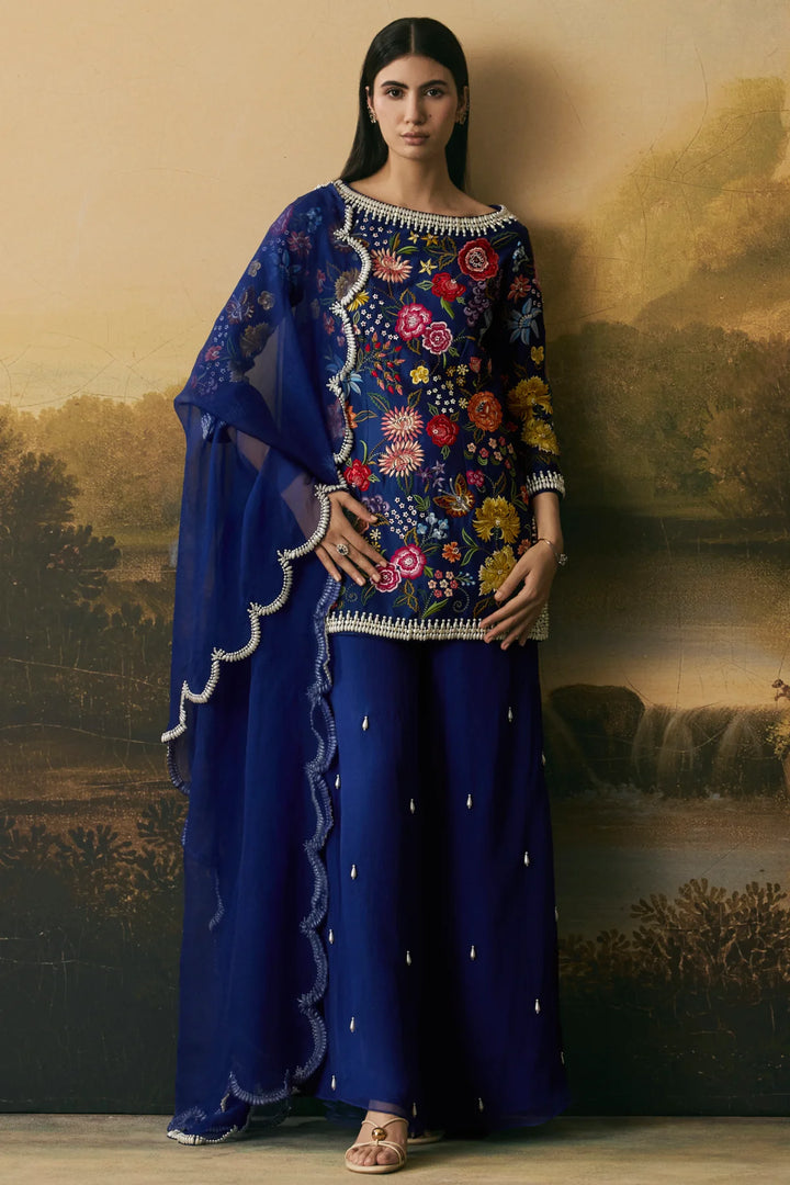 Cobalt Blue Floral Bloom Short Kurta With Sharara