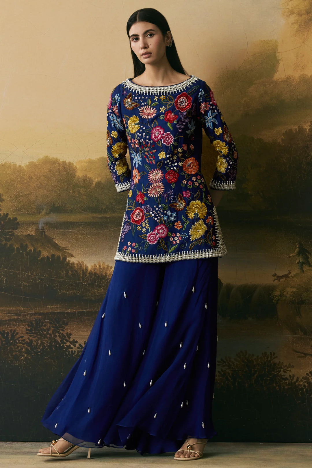 Cobalt Blue Floral Bloom Short Kurta With Sharara