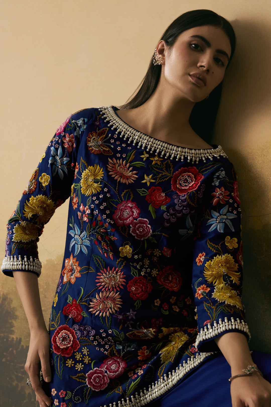 Cobalt Blue Floral Bloom Short Kurta With Sharara